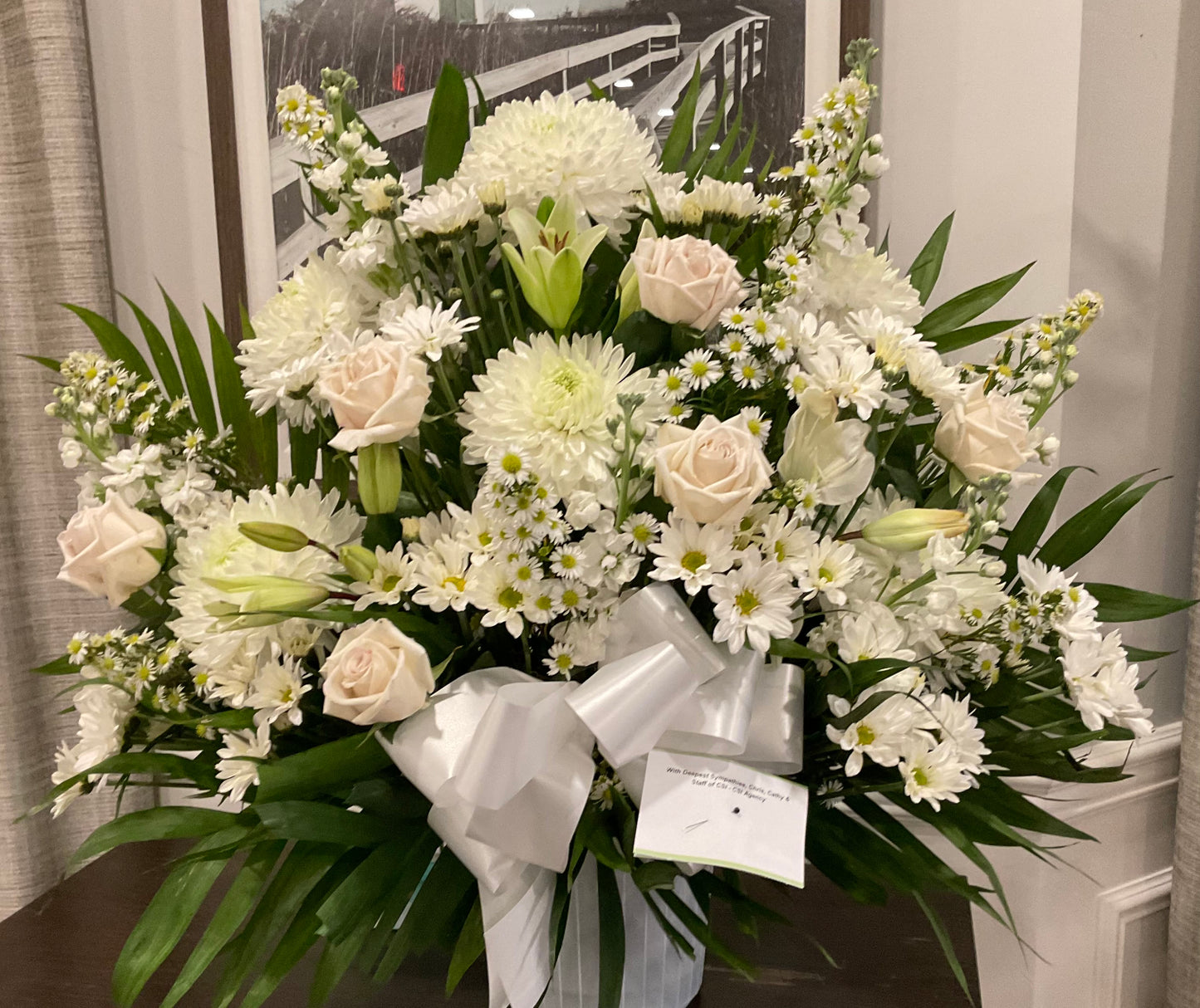All white floor container – Pequa Park Florists Inc, Massapequa NY