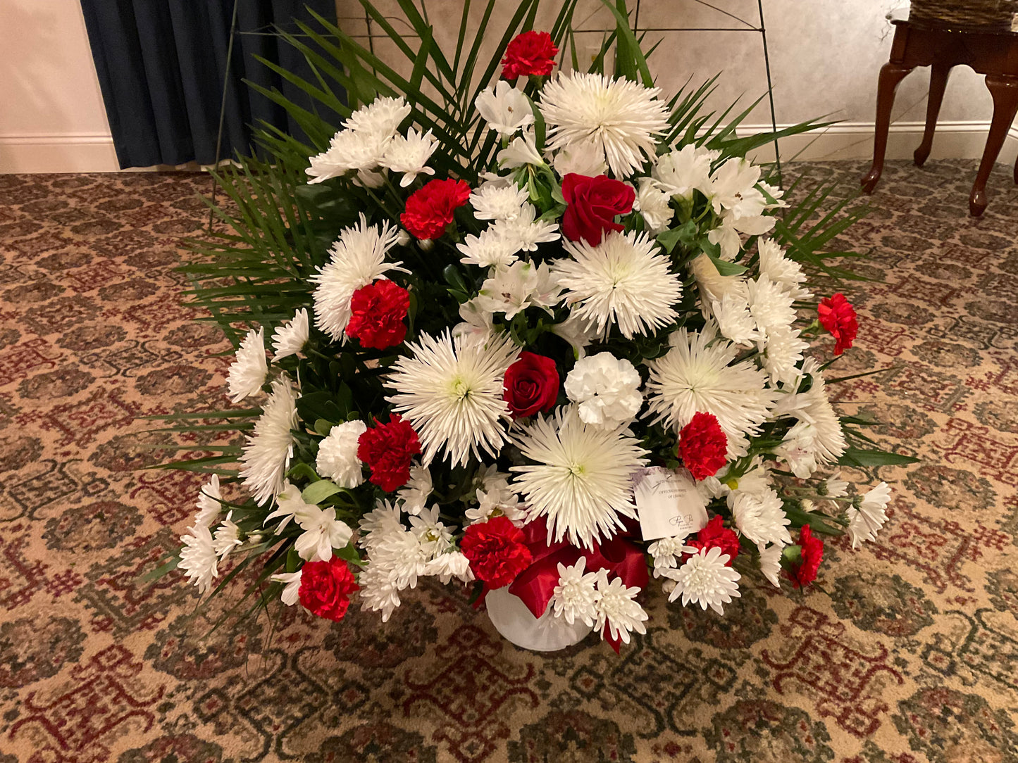 Pequa red and white floor container – Pequa Park Florists Inc, Massapequa NY