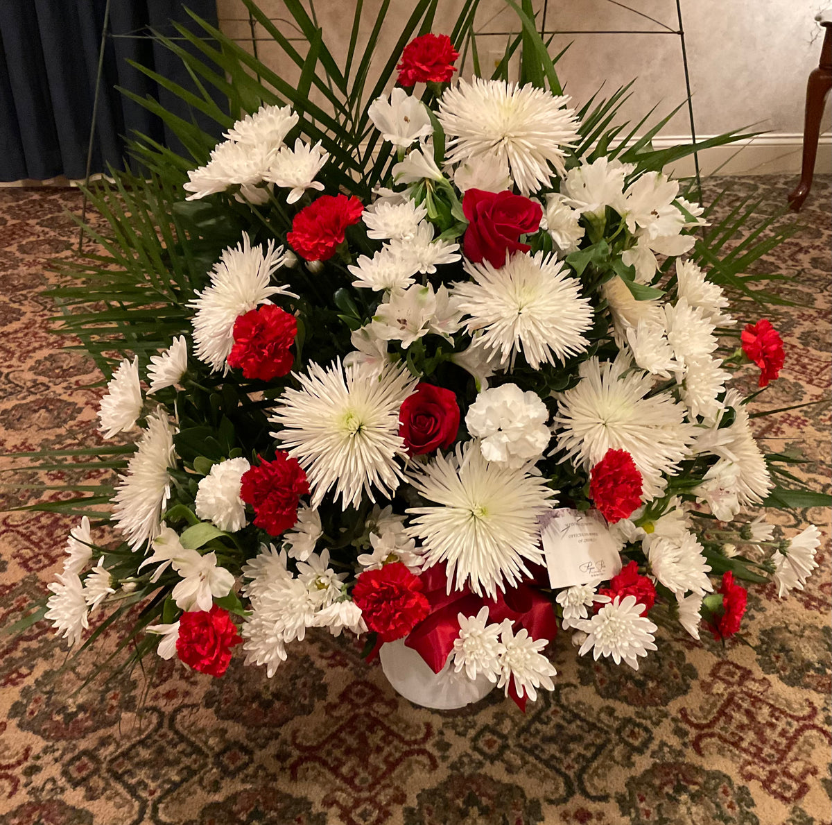 Pequa red and white floor container – Pequa Park Florists Inc, Massapequa NY