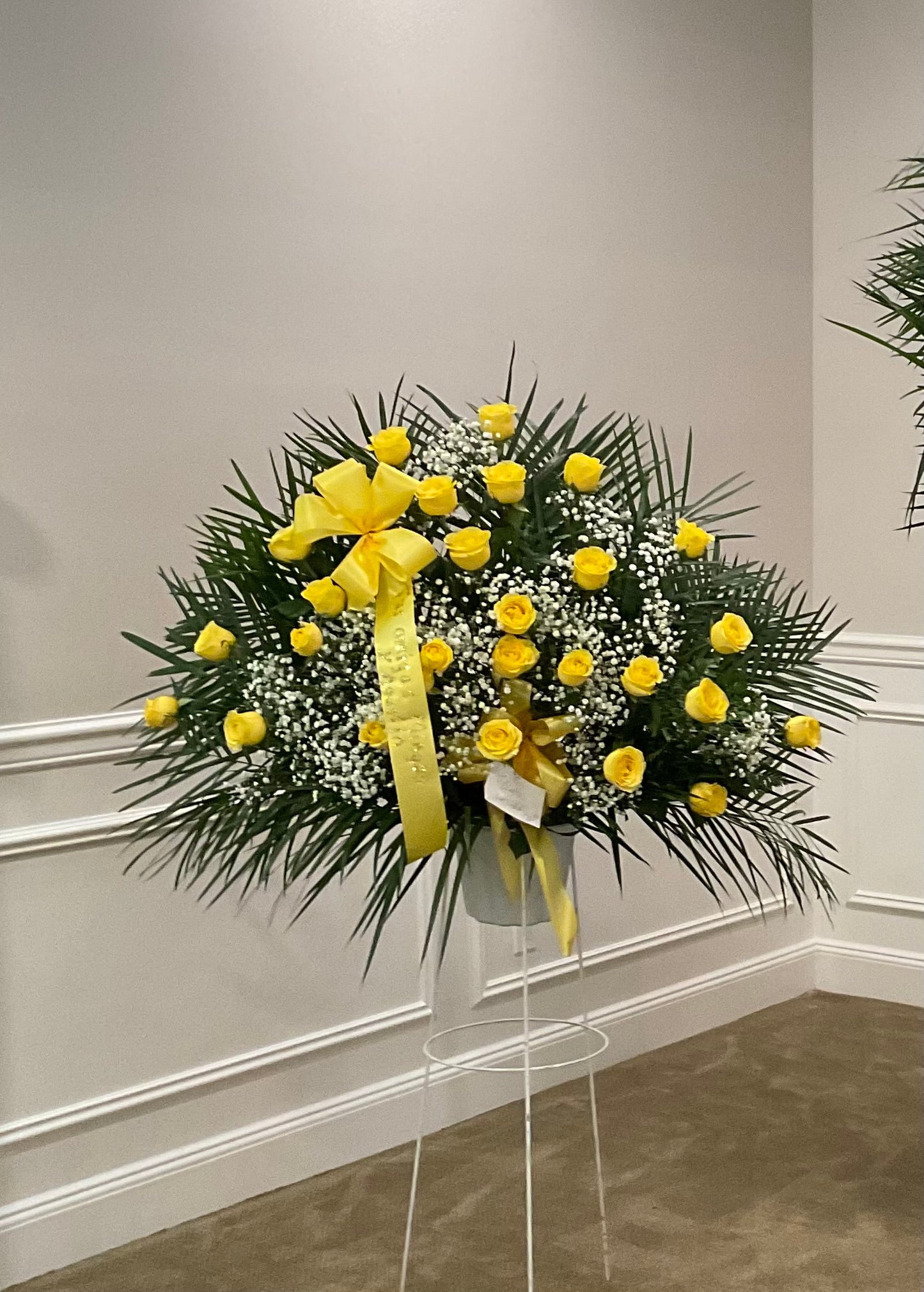 Yellow rose standing container – Pequa Park Florists Inc, Massapequa NY