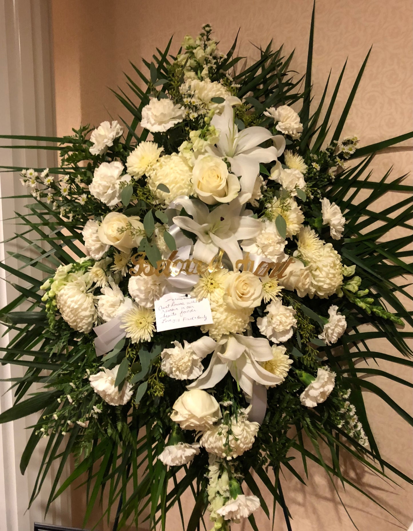 All white standing spray – Pequa Park Florists Inc, Massapequa NY