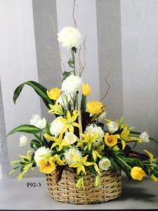 sympathy yellow and white basket arrangement – Pequa Park Florists Inc, Massapequa NY
