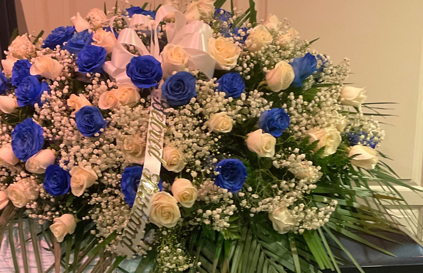 Pequa Blue and white rose casket cover – Pequa Park Florists Inc, Massapequa NY