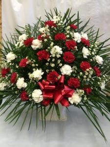 Red and White Carnation Floor Container – Pequa Park Florists Inc, Massapequa NY