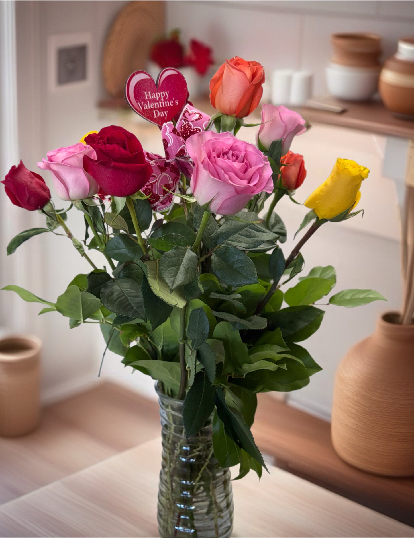P Mixed Roses vase with assorted greens – Pequa Park Florists Inc, Massapequa NY