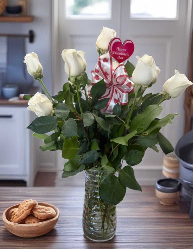 R12v white roses mixed greens – Pequa Park Florists Inc, Massapequa NY