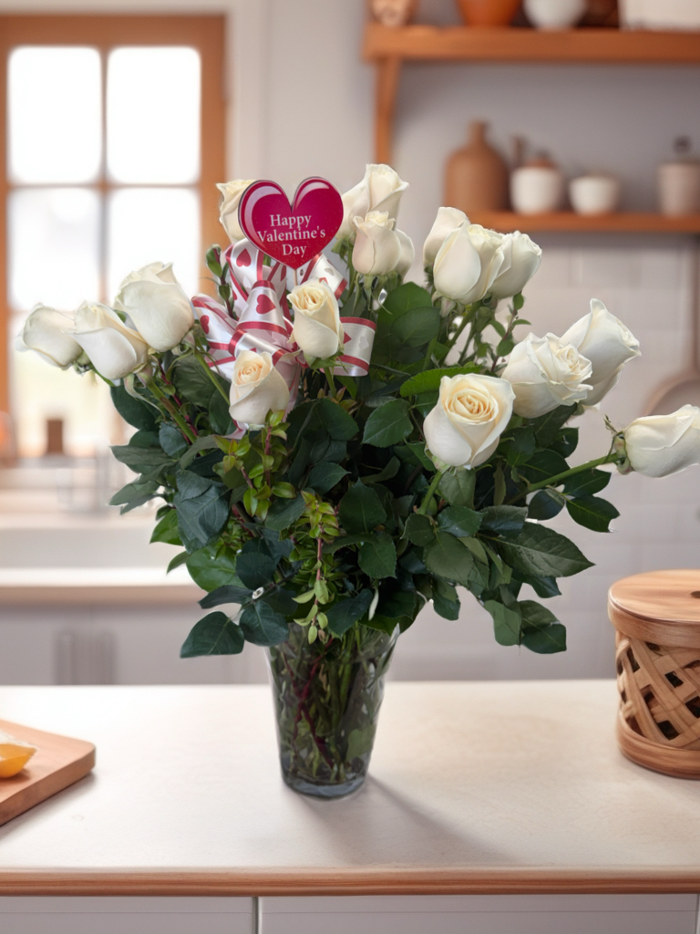 R24 White roses mixed greens – Pequa Park Florists Inc, Massapequa NY