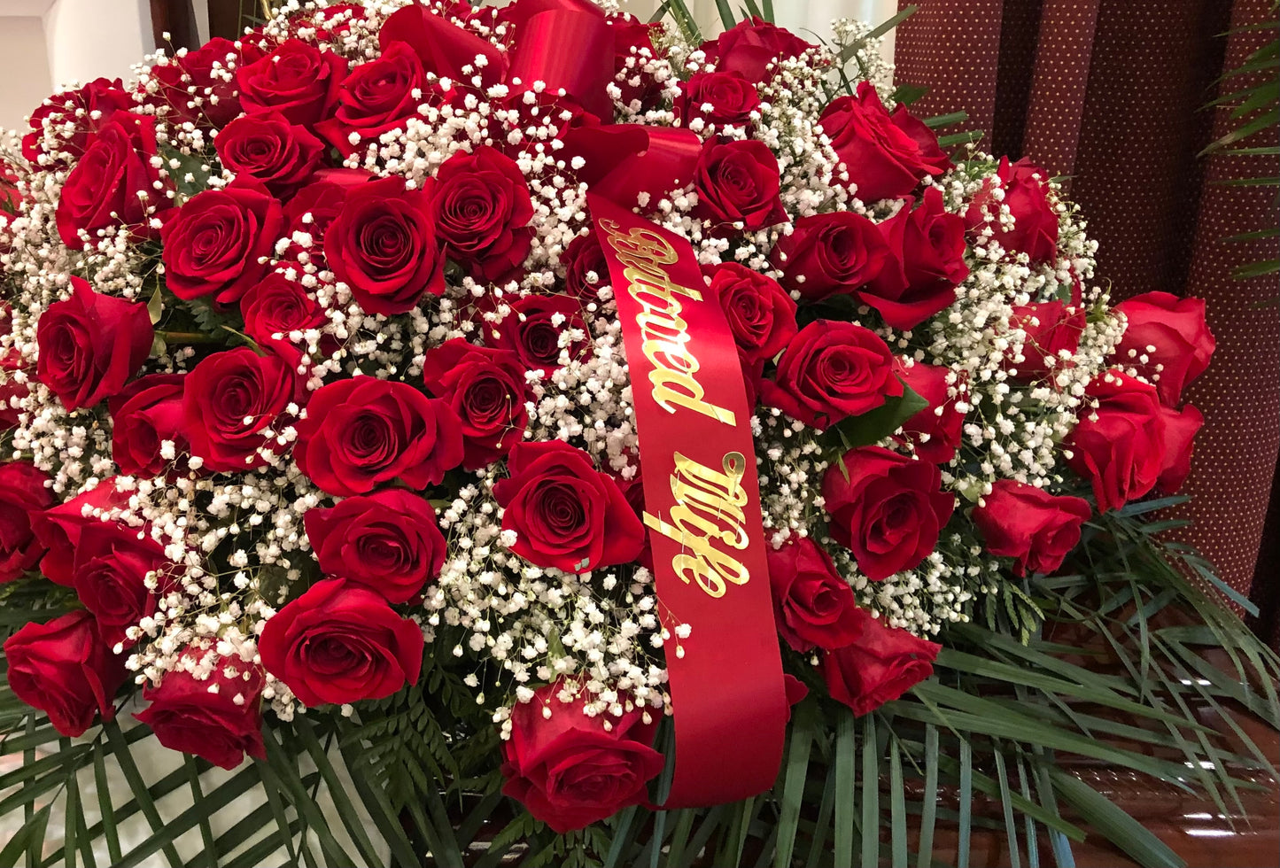 Red Rose and Baby’s Breath casket cover – Pequa Park Florists Inc, Massapequa NY