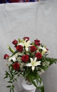 red roses with white lillys – Pequa Park Florists Inc, Massapequa NY