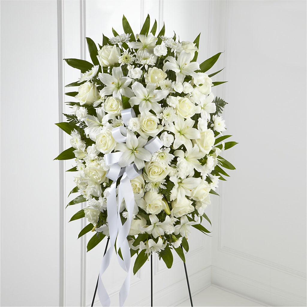 Exquisite Tribute Standing Spray-White Ribbon – Pequa Park Florists Inc, Massapequa NY