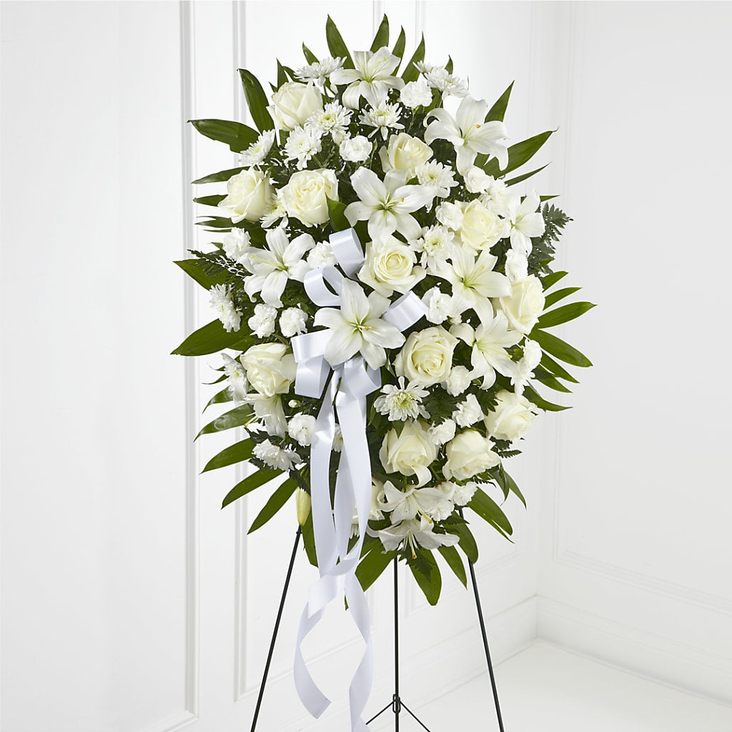 Exquisite Tribute Standing Spray-White Ribbon – Pequa Park Florists Inc, Massapequa NY