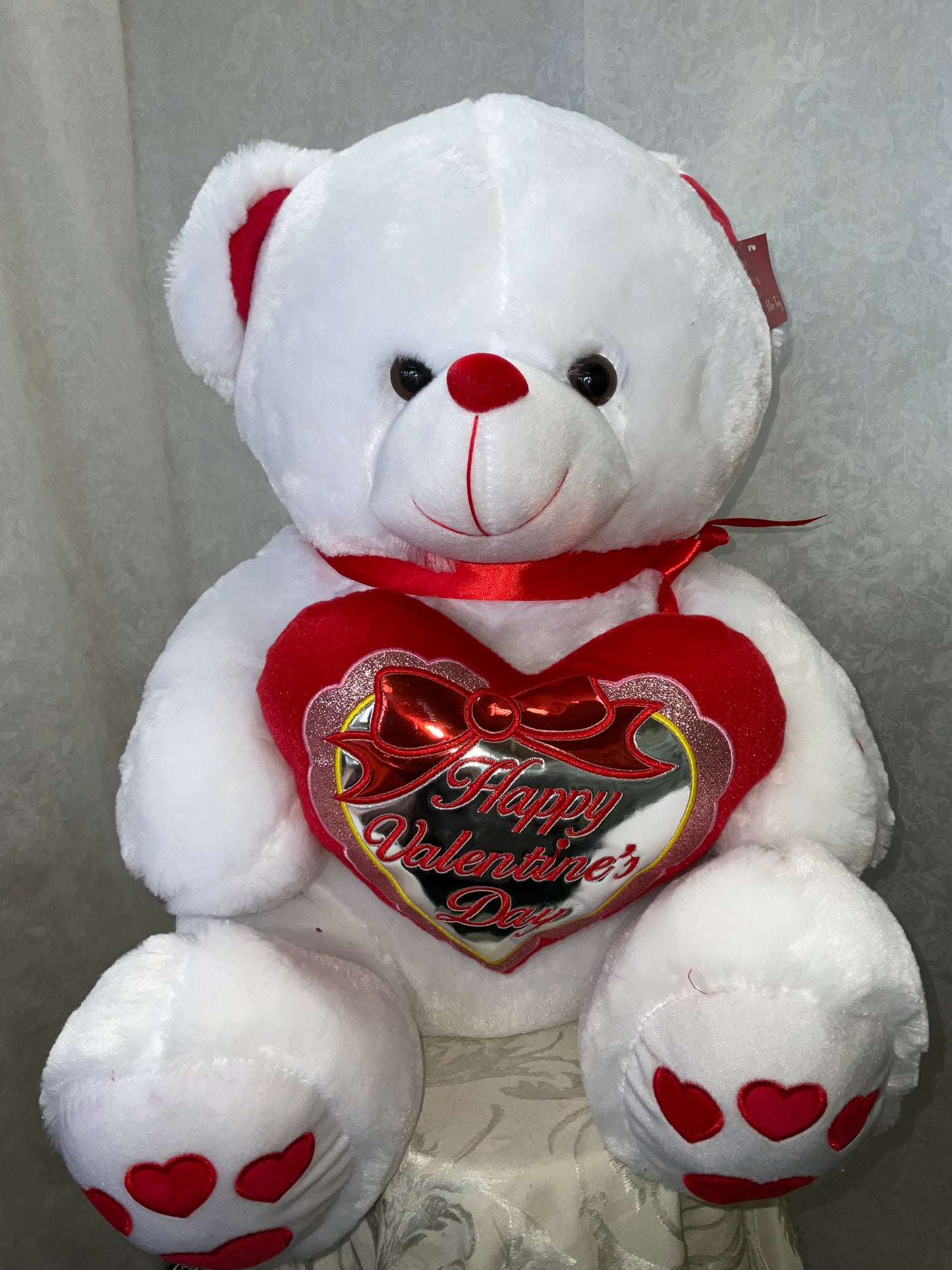 White red heart happy valentines bear – Pequa Park Florists Inc, Massapequa NY