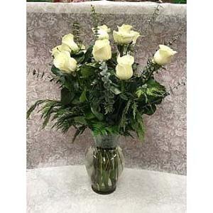 WHITE ROSES WITH EUCALYPTUS