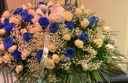 Pequa Blue and white rose casket cover –  Pequa Park Florists Inc, Massapequa NY