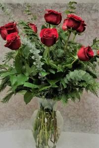 DZ RED ROSES WITH EUCALYPTUS